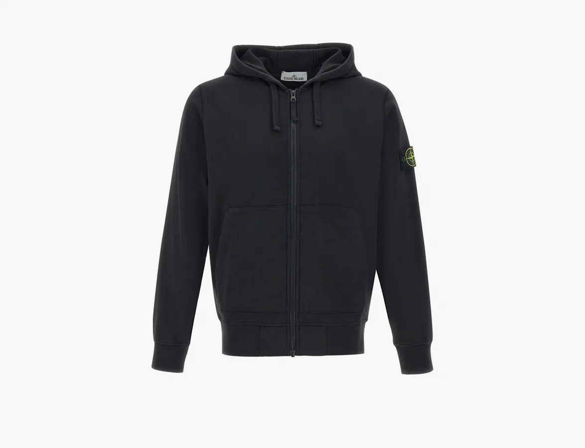Stone Island Organic Cotton Fleece Hooded Sweatshirt with Drawstring Hood and Zip «Black»