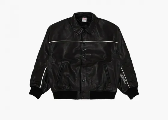  Supreme x Nike Leather Varsity Jacket «Black» chyernye