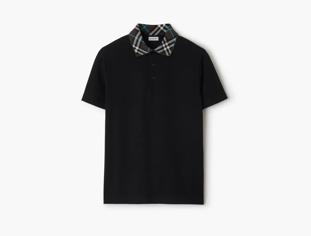 Burberry Check Collar Cotton Polo Shirt «Black»