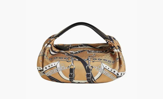 Сумки Hermes Balusoie Silk With Hunter Cow Leather Handbag «Cookie & Black» korichnevye