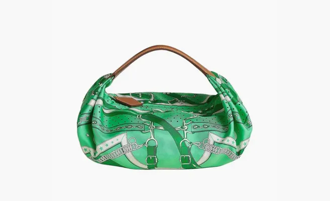 Сумки Hermes Balusoie Silk With Hunter Cow Leather Handbag «Green» zelyenye